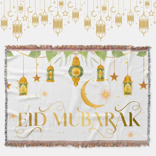 Cobertor Eid Mubarak - Estrelas Douradas da Lua Lanterna Br (This cozy white + gold "Eid Mubarak" throw blanket makes a great addition to your festive Eid décor!)