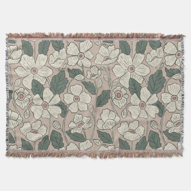 Cobertor Elegante Bege Creme e Verde Ilustrado Floral (Frente)