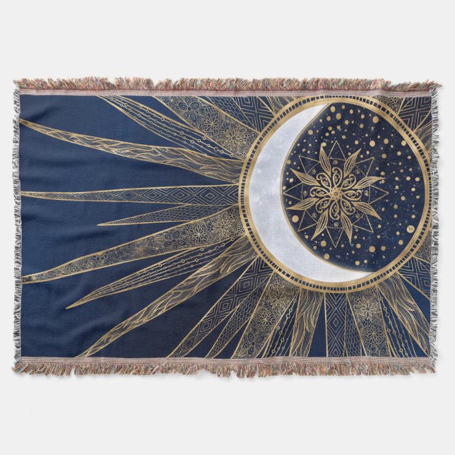 Cobertor Elegante, Dourada e Azul Lua Solar Mandala Dobra A (Frente)