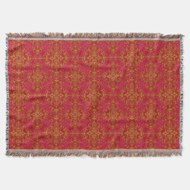 Cobertor Elegante Dourado sobre Padrão Damask Vermelho Rosa (Frente)