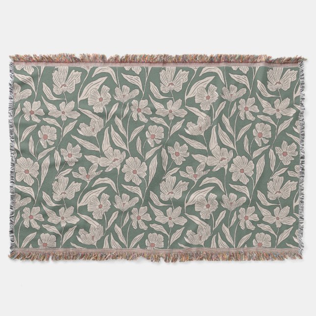 Cobertor Elegante Floral Boho Rosa & Verde Escuro Botânico (Frente)