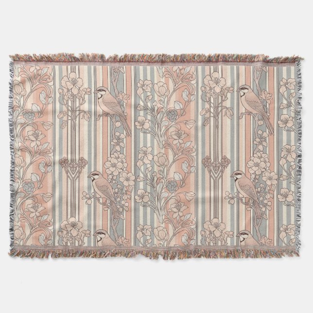 Cobertor Elegante Floral de Ave com Listras de Pêssego (2) (Frente)