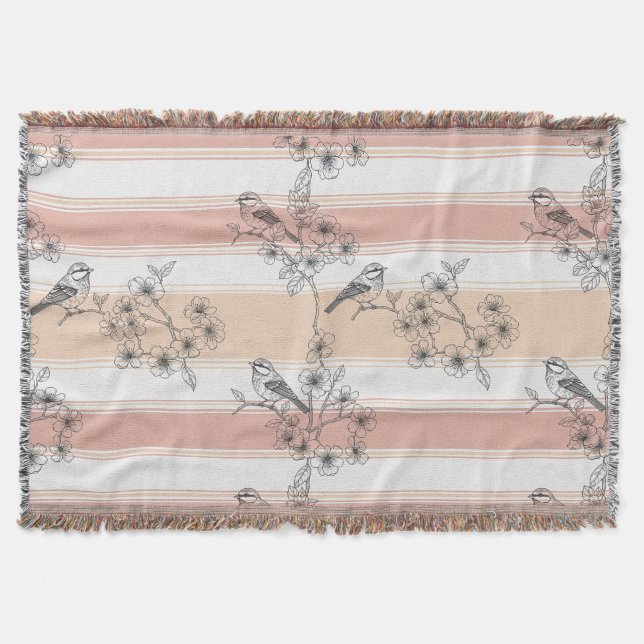 Cobertor Elegante Floral de Listra de Pêssego Pássaro (3) (Frente)