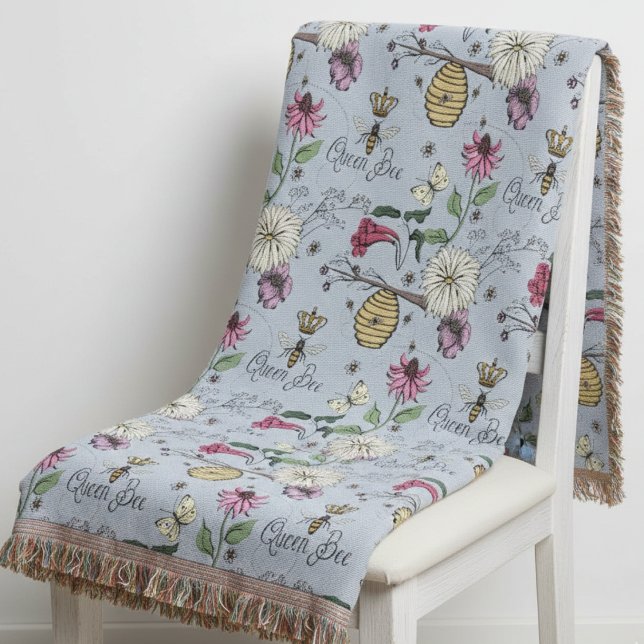 Cobertor Elegante Névoa Prateada Dia das Mães Rainha Abelha (Light Blue Floral Nature Inspired Queen Bee Blankets. Bee, Wildflower, Beehive, Flowers Pattern)