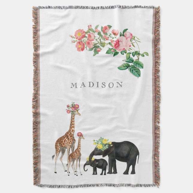 Cobertor Elephant & Giraffe Floral Custom Baby Name (Frente Vertical)