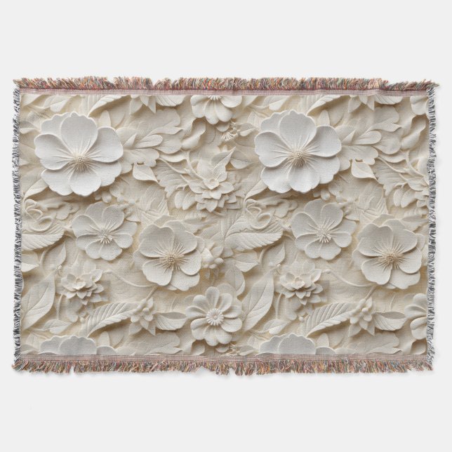 Cobertor Estilo 3D Emboscada Elegante Alivio Floral Branco (Frente)