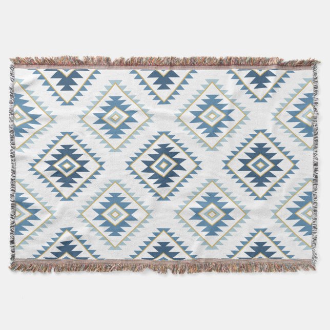 Cobertor Estilo Aztec Motif Big Pattern Blues Branco Dourad (Frente)