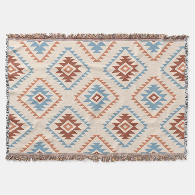 Cobertor Estilo Aztec Motif Grande Padrão Azul Crm Terracot (Frente)