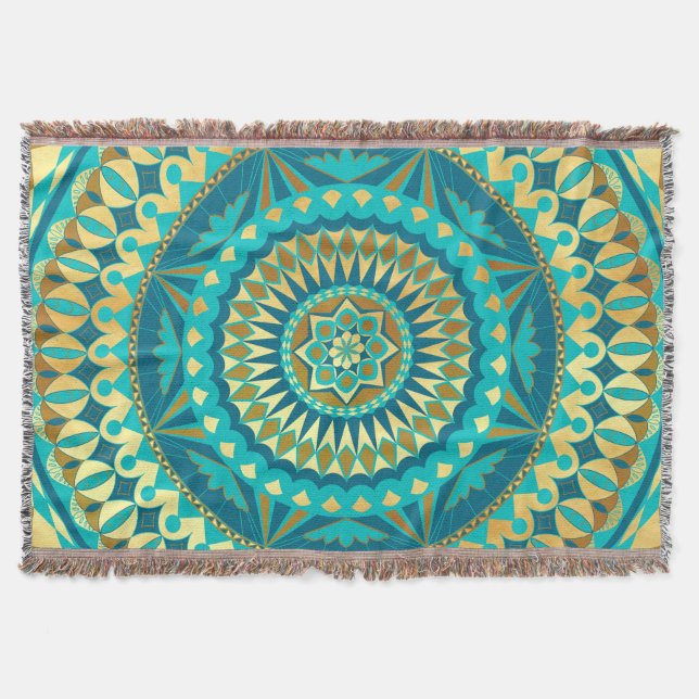 Cobertor Fantasia de Mandala Azul Dourado (Frente)