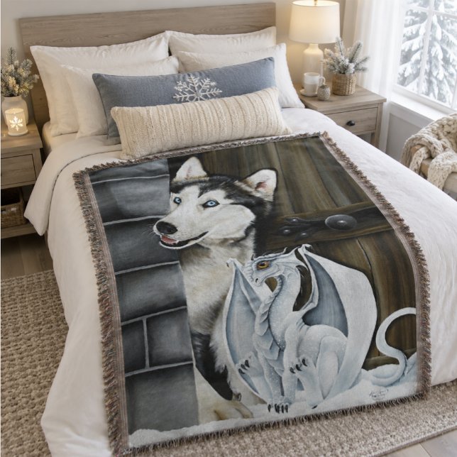 Cobertor Fantasiosa Fantasia de Inverno Husky Cão Dragão Ca (Criador carregado)