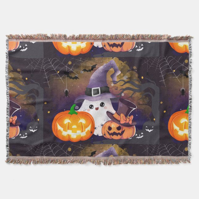 Cobertor Fantasma de Halloween Fofo com Chapéu de Bruxa e A (Frente)