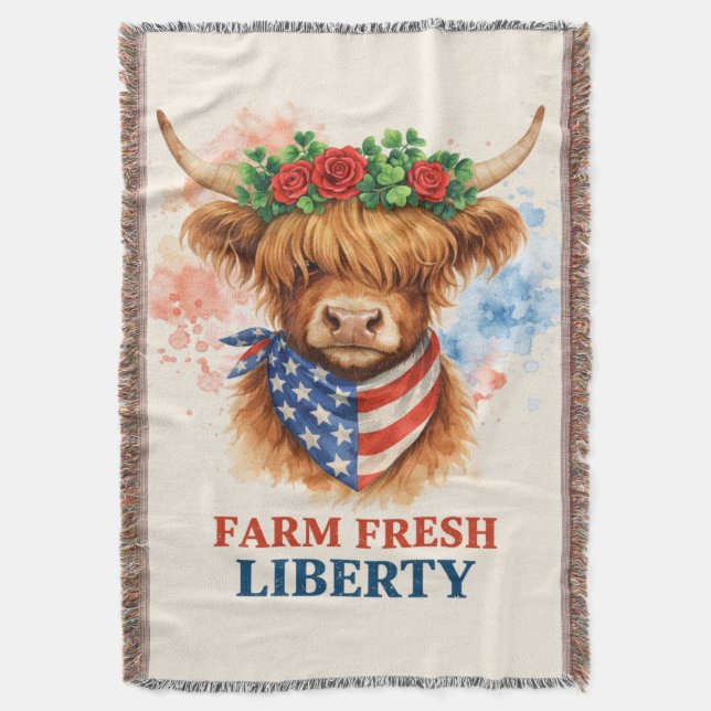 Cobertor Farm Fresh Liberty Highland Cow Patriotic USA Art (Frente Vertical)