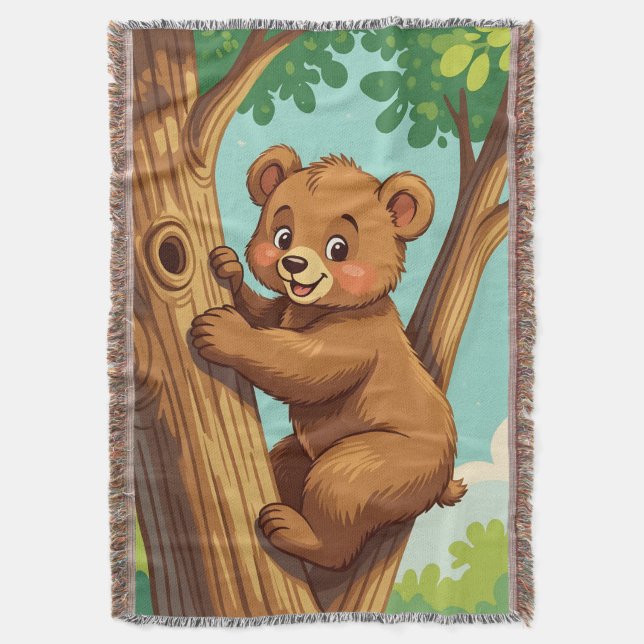 Cobertor Filhote de urso fofo subindo em uma árvore (Frente Vertical)