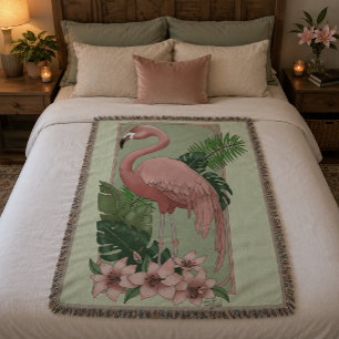 Cobertor Flamingo Rosa Tropical Folhas de Palmeira Verde Lí