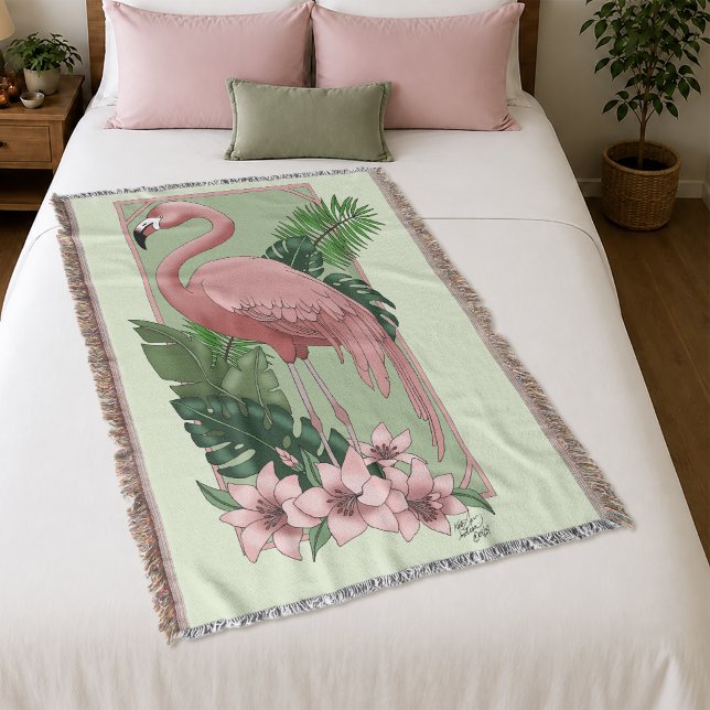 Cobertor Flamingo Rosa Tropical Folhas de Palmeira Verde Lí (Criador carregado)