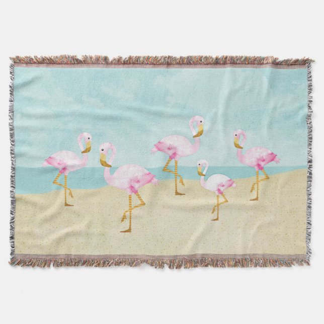 Cobertor Flamingos cor-de-rosa da aguarela na praia (Frente)
