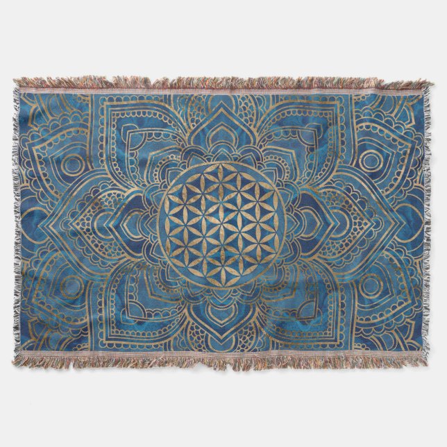 Cobertor Flor da vida em Lotus - mármore azul e Dourado (Frente)