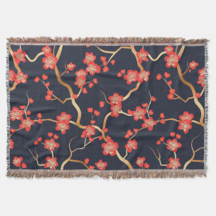 Cobertor Flor de Ameixa Carmesim Dourado Bronze Naval Flora