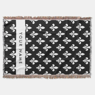 Cobertor Flor de Lis, Branco sobre Preto, Branco, Seu Nome