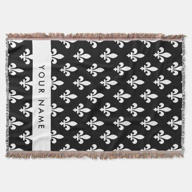 Cobertor Flor de Lis, Branco sobre Preto, Branco, Seu Nome (Frente)