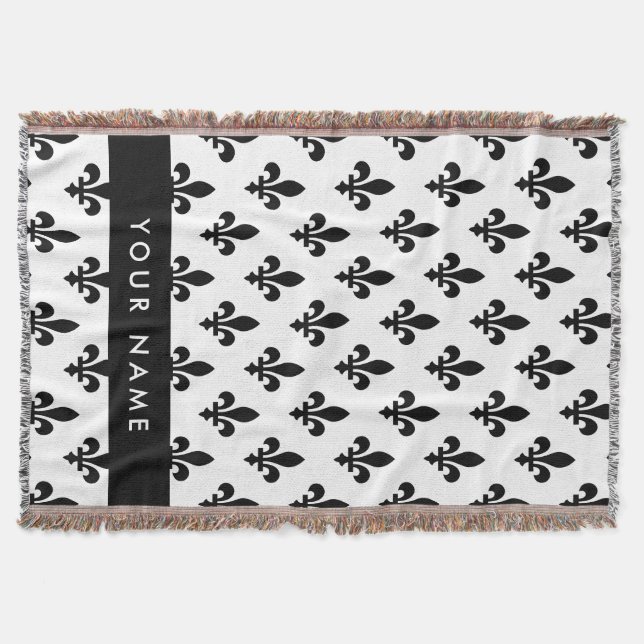 Cobertor Flor de Lis, Preto sobre Branco, Preto, Seu Nome (Frente)