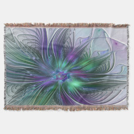 Cobertor Flor Moderna Arte Abstrata Fractal Roxa Verde
