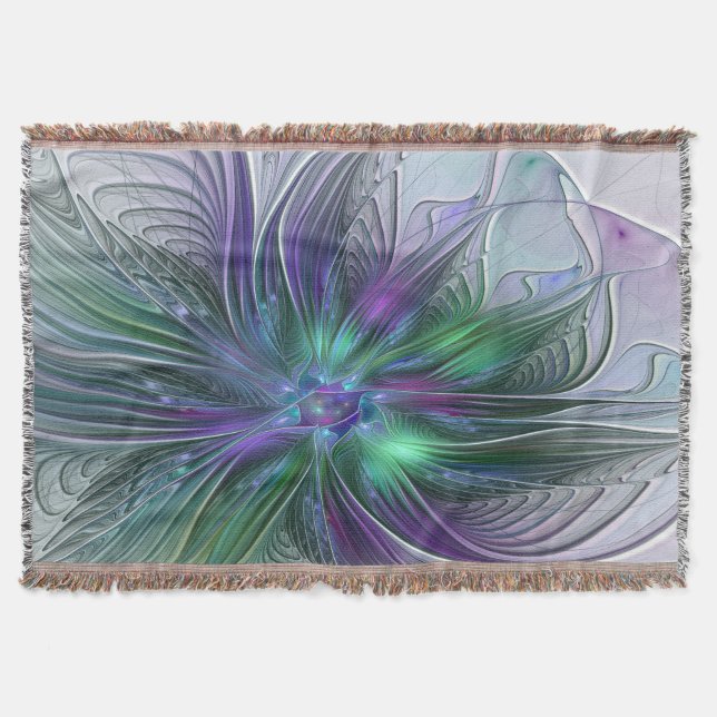 Cobertor Flor Moderna Arte Abstrata Fractal Roxa Verde (Frente)