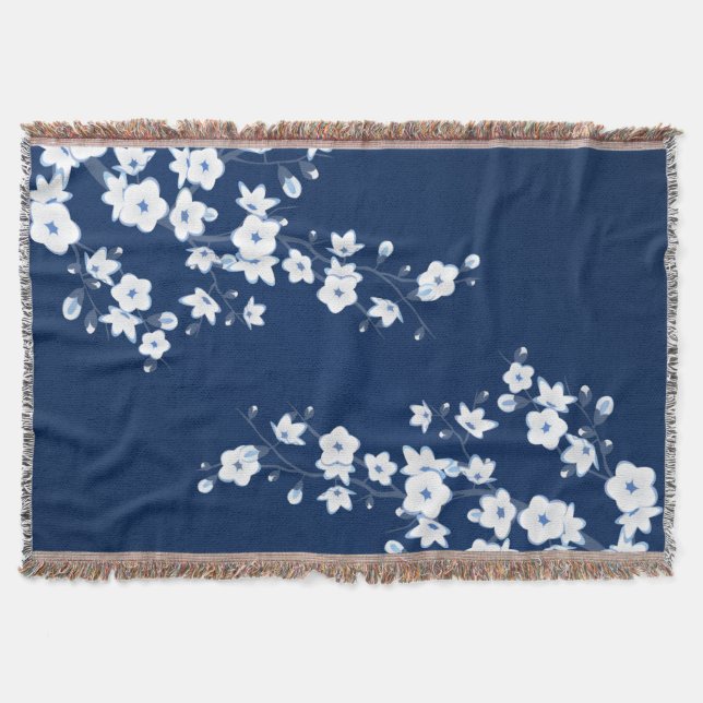 Cobertor Florais Cerejeiras em Flor Azul Marinho Branco Clá (Frente)