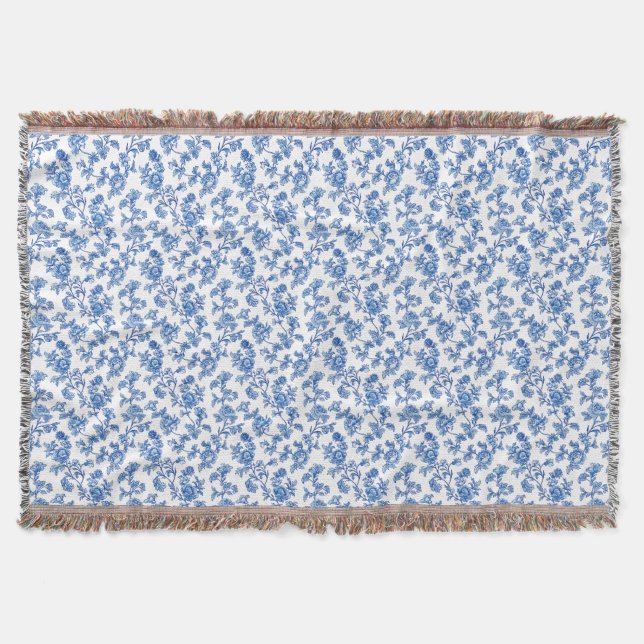 Cobertor Floral de Chinoiserie Azul e Branco (Frente)