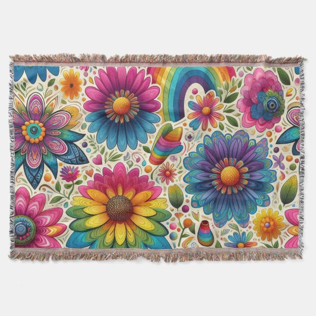 Cobertor Floral Hippie Arco-Íris Retrô (Frente)