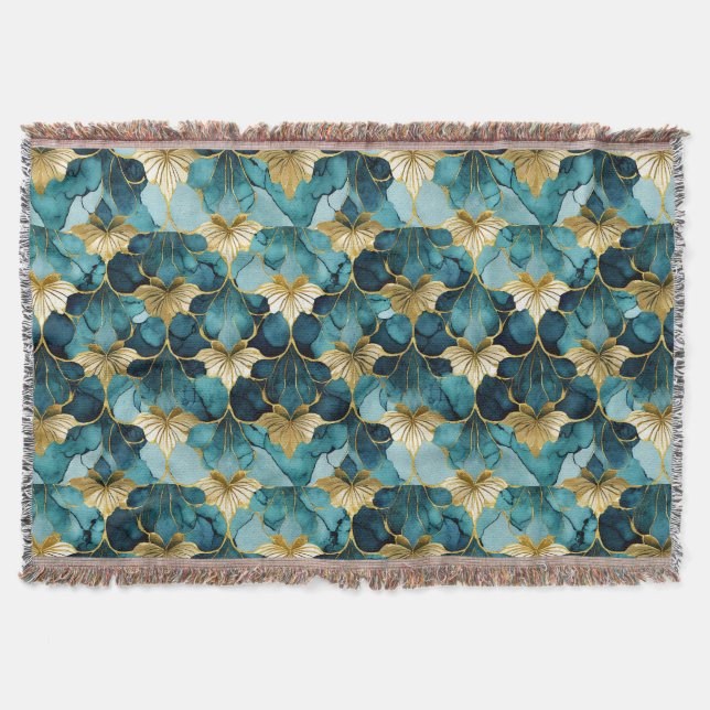 Cobertor Floral Japonês Verde Água Dourado  (Frente)