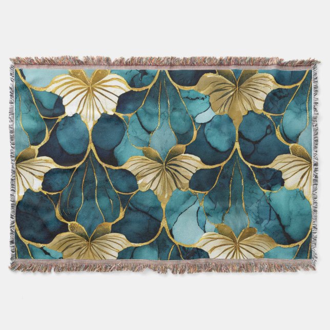 Cobertor Floral Japonês Verde Água Dourado  (Frente)