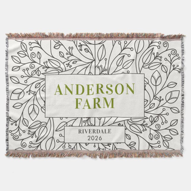 Cobertor Floral Ornament Family Name, Black and White (Frente)
