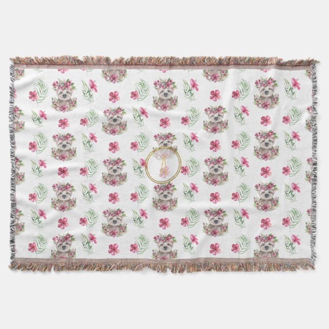 Cobertor Floral SLOTH Monograma Pattern Girls Nursery Room (Frente)