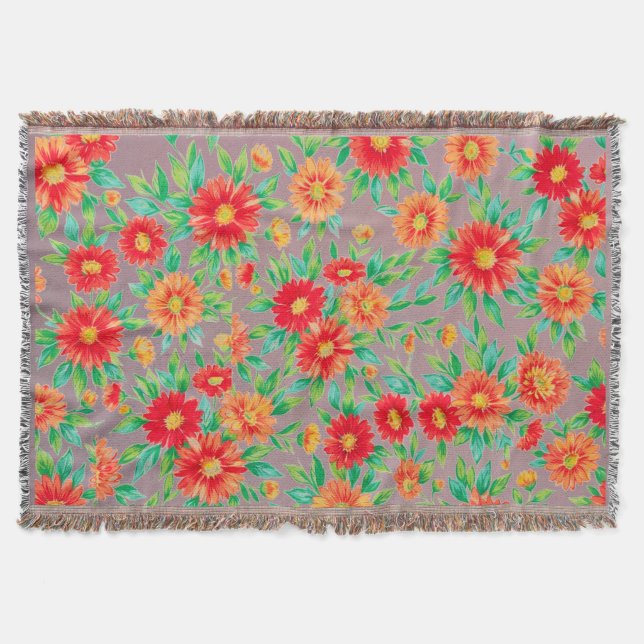Cobertor "Flores ao Sol" - Tapete Floral Laranja e Vermelho (Frente)
