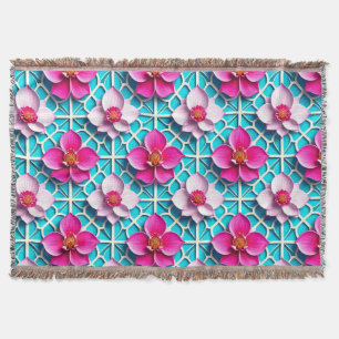Cobertor Flores Cor-de-Rosa em um Fundo Geométrico Azul