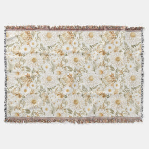 Cobertor Flores Country Branco Dourado Creme