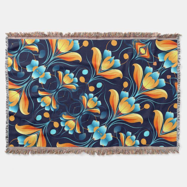 Cobertor flores laranja azul Art Deco (Frente)