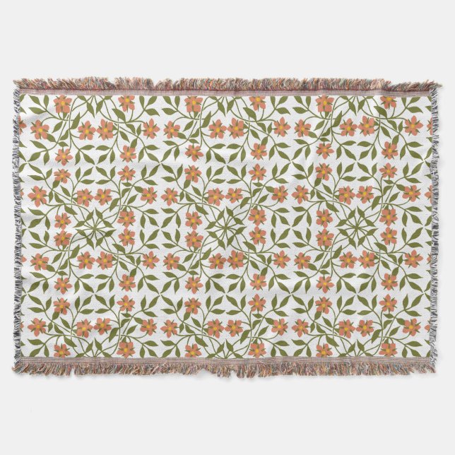 Cobertor Flores Laranja, Padrão Floral, Verde, Boho (Frente)