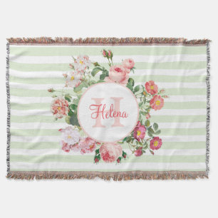 Cobertor Flores Vintage Pastel Green Stripes Monograma