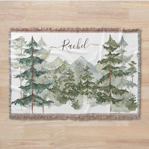 Cobertor Floresta de aquarela com monograma e montanha Rúst