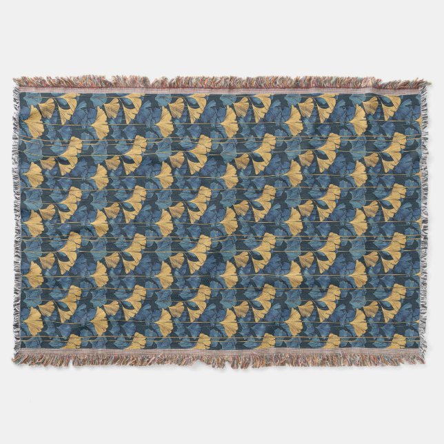 Cobertor Folha de Ginkgo Azul Patina e Dourado  (Frente)