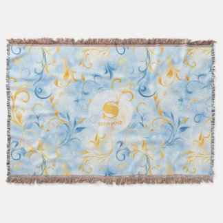 Cobertor Folha Elegante Azul e Dourada Inspirada em Paisley