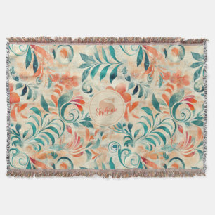 Cobertor Folhas Azuis Russas e Padrão Floral Vermelho-Laran