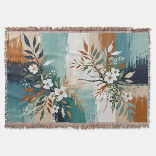 Cobertor Folhas Coloridas Abstrato Floral Teal Blue Rust Ta