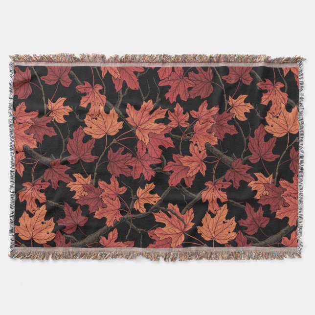 Cobertor Folhas de bordo vermelhas de outono em preto (Frente)