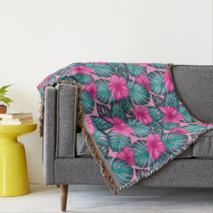Cobertor Folhas de Monstera e Hibiscus Teal e Rosa a Rosa