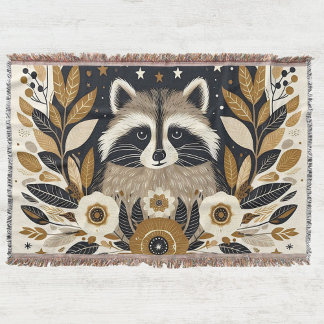 Cobertor Folk Art Raccoon Tassel Throw Blanket