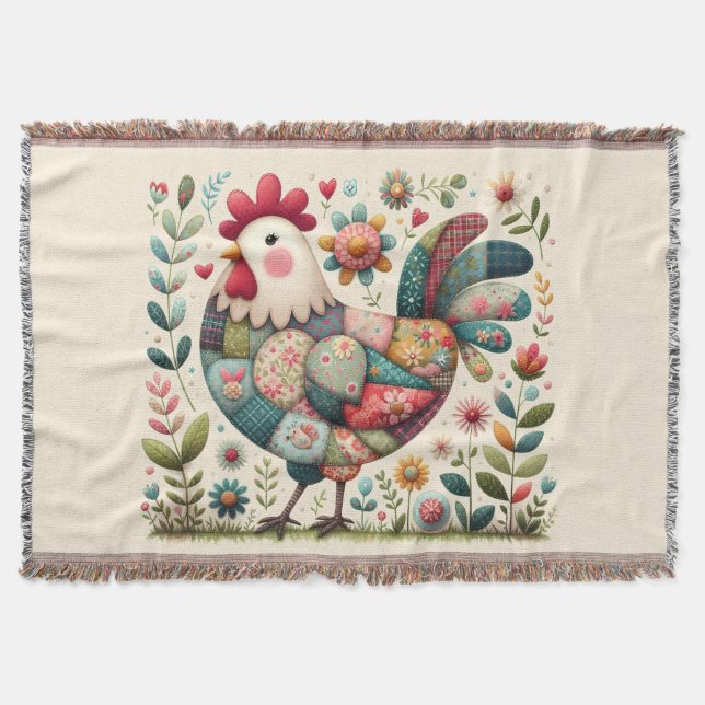 Cobertor Folk Patchwork Rooster with Floral Accents (Frente)