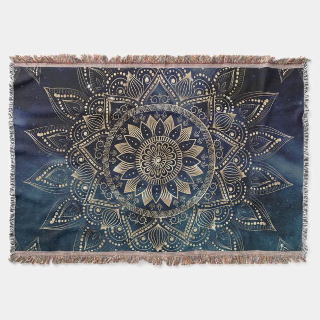 Cobertor Galáxia Azul Elegante Dourada Mandala (Frente)